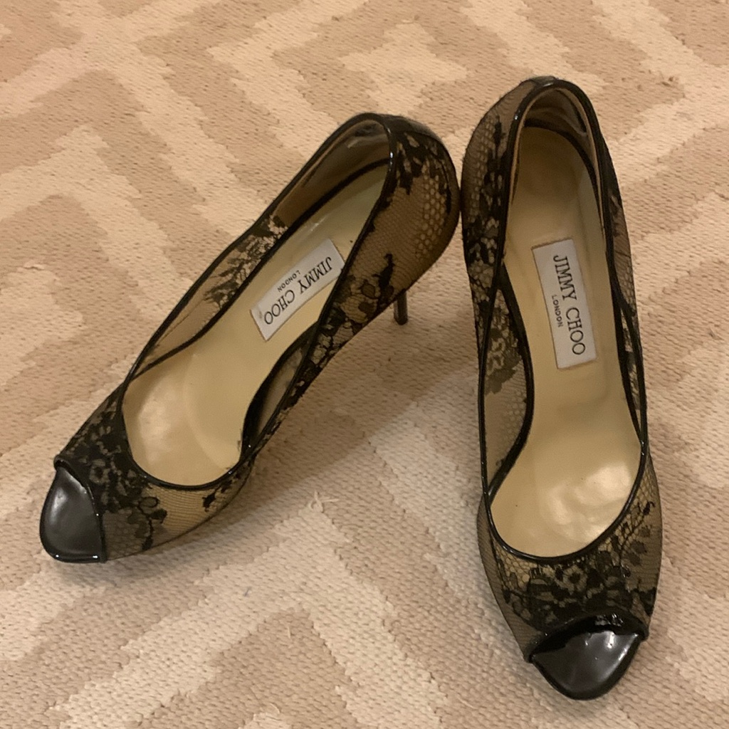 Jimmy Choo Sexy Black Lace Luna 100 Platform Peep Toe Pumps Sz 40 (Fits 9.5) Euc